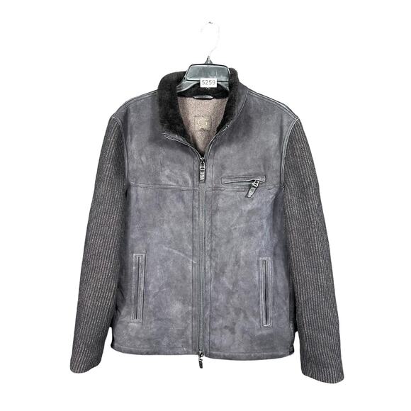 Gimos Leather Suede Jacket Mens Size M Made in Italy Shearling Ribbed Sleeves - Picture 1 of 16